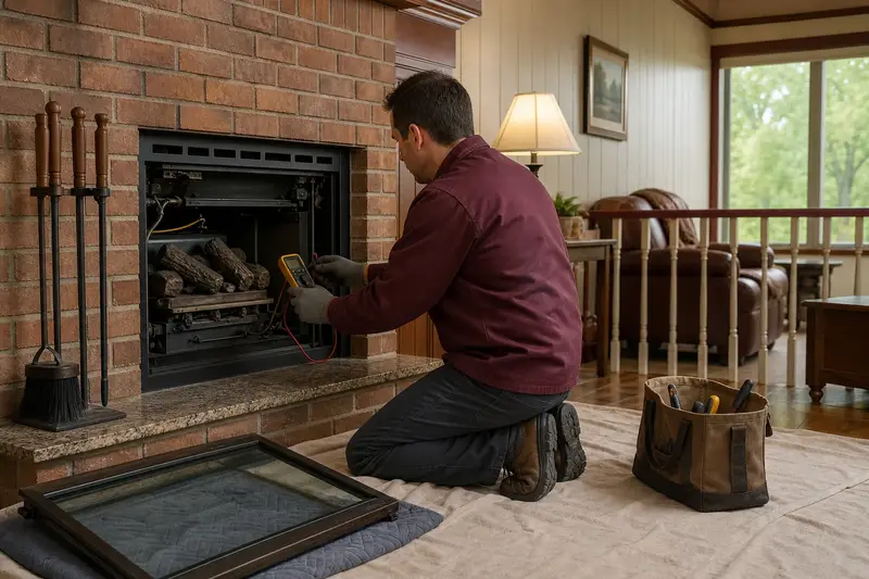 A technician kneeling at a direct-vent gas fireplace with the glass front removed, testing the controls with a multimeter; illustrative image