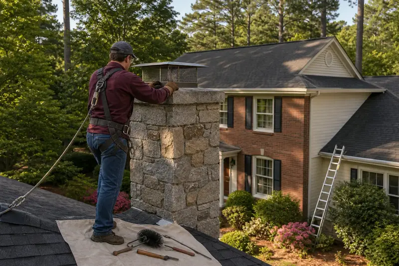 A harnessed technician checking the cap and crown of a granite stone chimney with a metal cap before the heating season; illustrative image