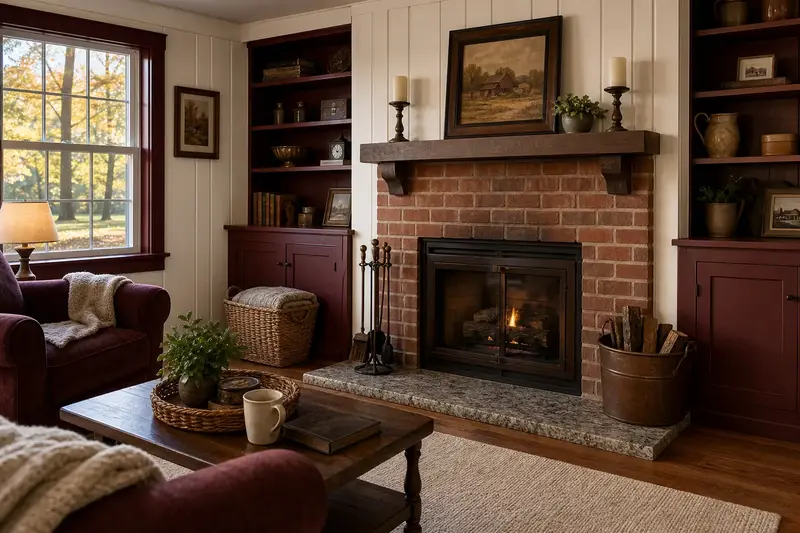 A living room with a vented gas log set in a masonry firebox and a small steady flame behind glass; illustrative image