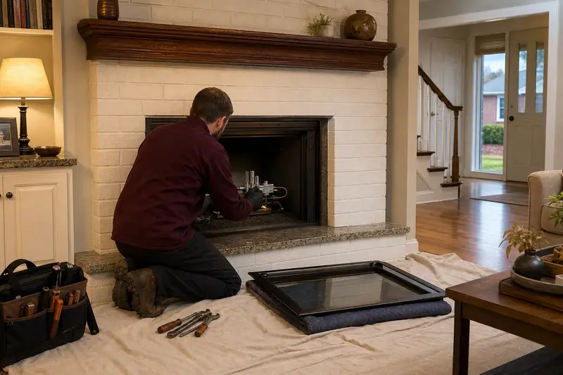 A technician checking the pilot assembly of a direct-vent gas fireplace with the glass front removed; illustrative image