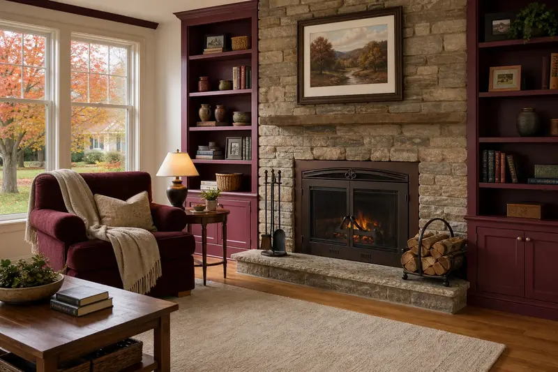 A comfortable hearth room with a factory-built wood-burning fireplace with a stone facing, a reading chair, a wool throw and split firewood, no one present; illustrative image