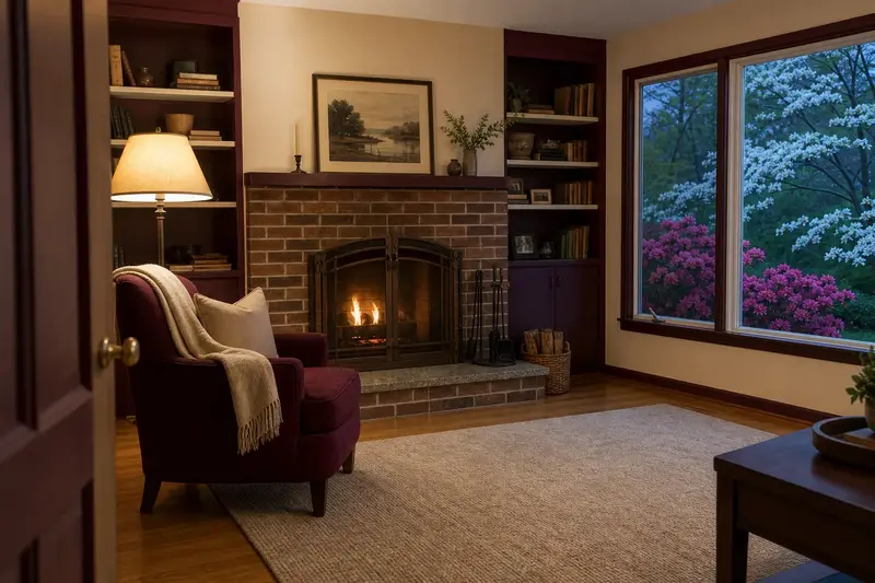 A quiet hearth room with an open masonry wood-burning fireplace and a reading chair; illustrative image