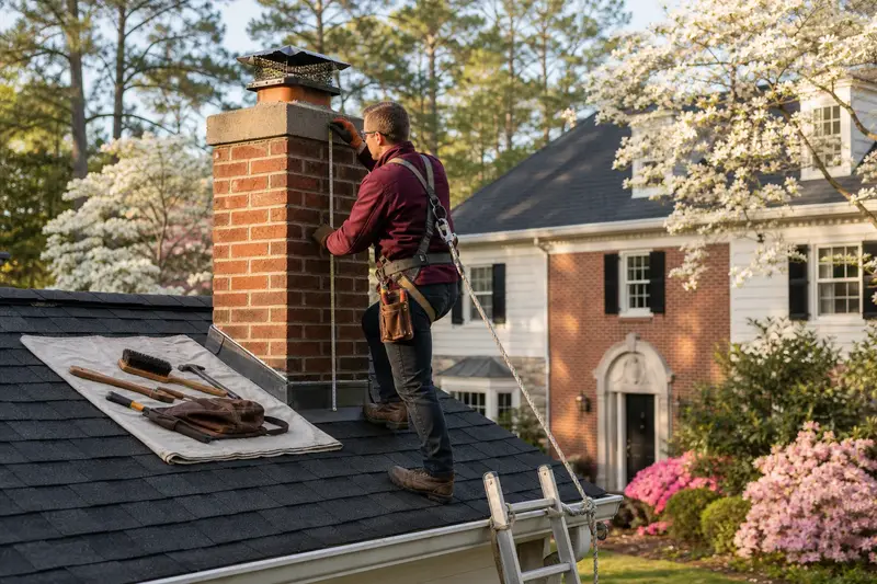 A harnessed technician measuring a red brick chimney with a concrete crown on an asphalt shingle roof on a dry roof; illustrative image