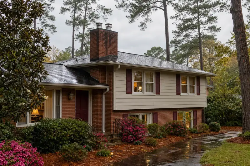 A 1970s split-level house with brick and siding after a heavy rain with a two-flue brick chimney with a stainless steel cap, wet roofs and clear gutters; illustrative image