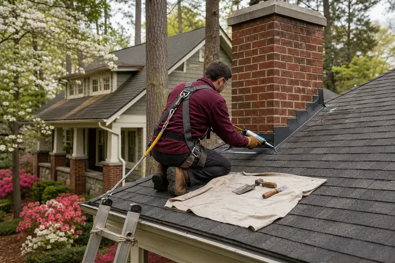A harnessed technician sealing the step flashing where a red brick chimney with a concrete crown on an asphalt shingle roof meets the roof; illustrative image
