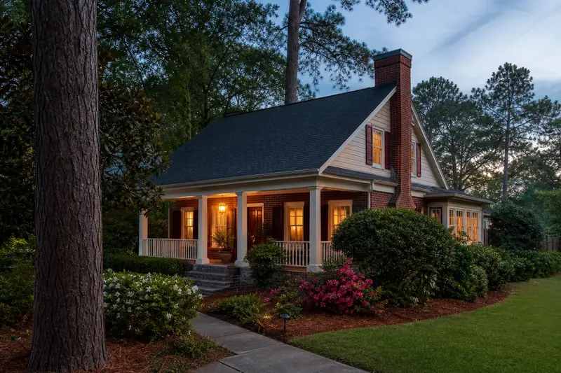 A 1920s brick traditional house with a columned front porch showing a red brick chimney with a concrete crown on an asphalt shingle roof rising above the roof; illustrative image