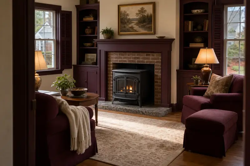 A living room with a freestanding gas stove seen straight on, its opening, hearth and surround clear; illustrative image