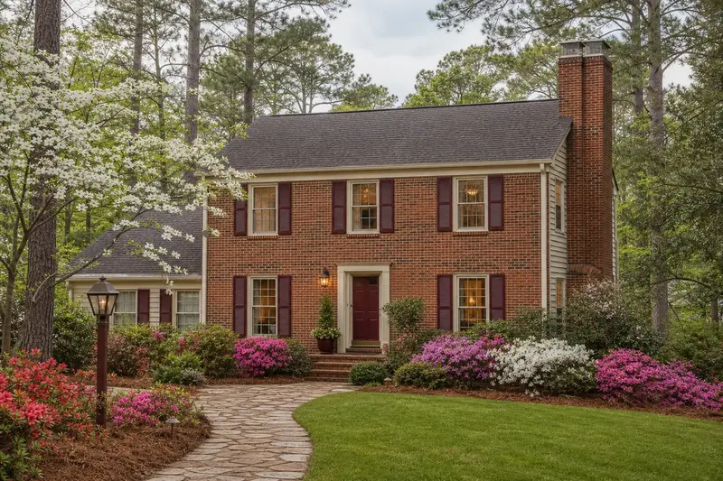 A 1970s two-story brick-front suburban house with a two-flue brick chimney with a stainless steel cap topped by a mesh chimney cap and mature trees nearby; illustrative image