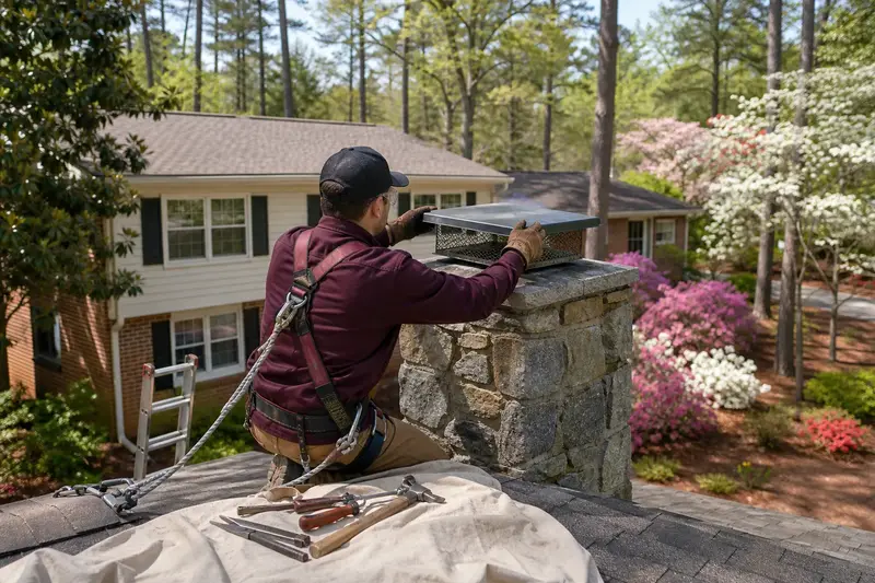 A harnessed technician fitting a mesh cap on a granite stone chimney with a metal cap to keep animals out; illustrative image