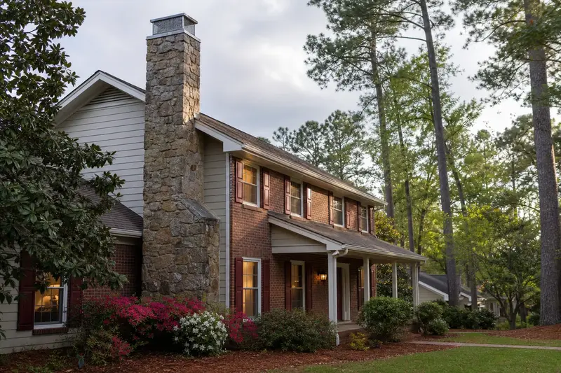 A 1970s two-story brick-front suburban house with a granite stone chimney with a metal cap topped by a new stainless steel cap; illustrative image