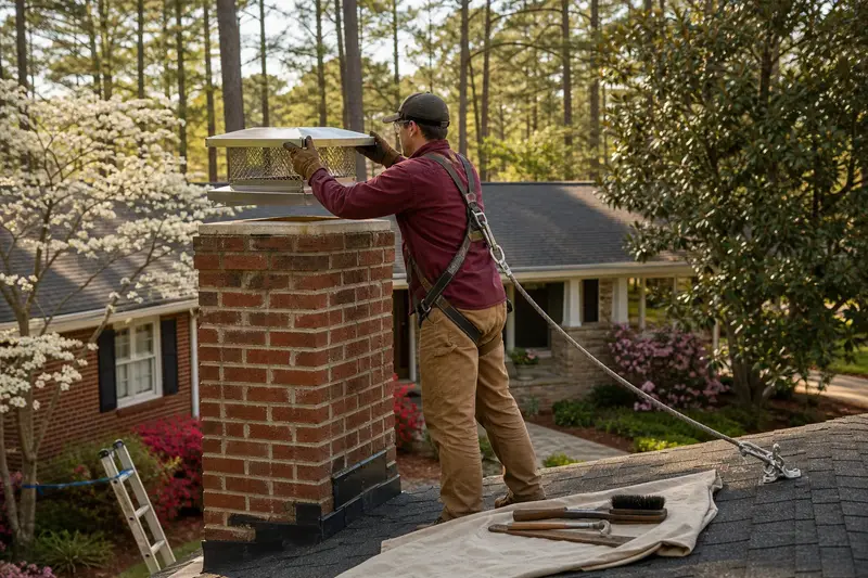 A harnessed technician setting a stainless steel mesh chimney cap onto an exterior end brick chimney on a gable roof; illustrative image