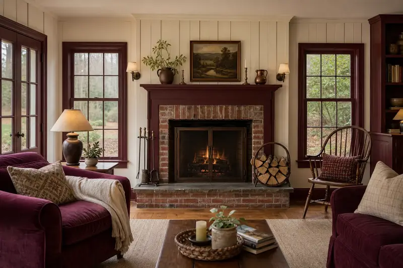A tidy hearth room with an open masonry wood-burning fireplace, a cleared hearth, fireplace tools and split firewood; illustrative image