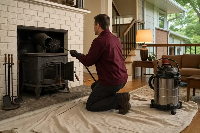 A technician feeding a rotary chimney brush up the flue of a cast-iron wood stove on a stone hearth pad, drop cloths and a sealed vacuum on the hearth; illustrative image