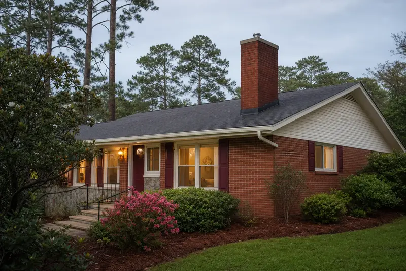 A 1970s brick ranch house in soft daylight with a red brick chimney with a concrete crown on an asphalt shingle roof standing clear above the roofline; illustrative image