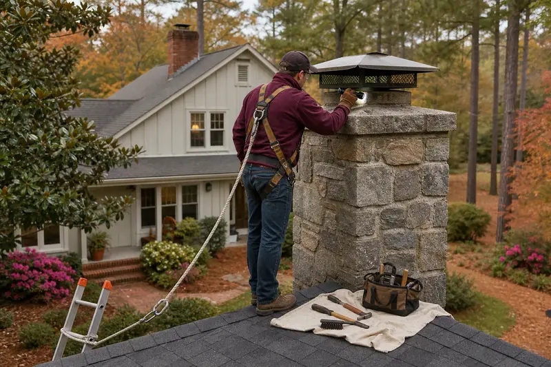 A harnessed technician examining the top of a granite stone chimney with a metal cap with a flashlight from a dry roof surface; illustrative image