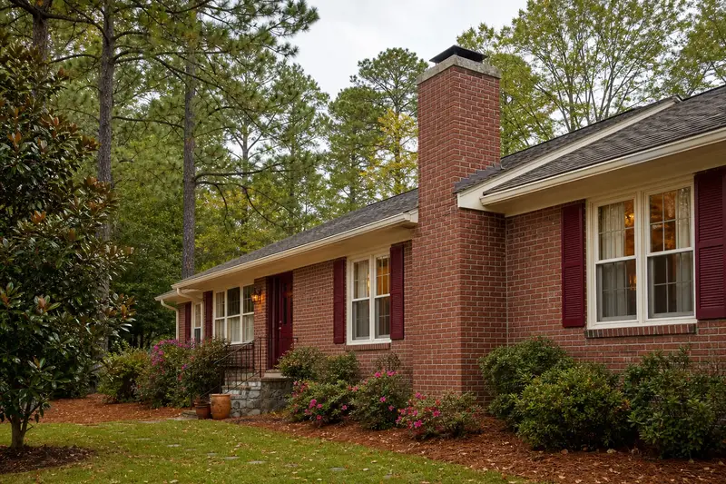 A 1970s brick ranch house with a red brick chimney with a concrete crown on an asphalt shingle roof and neat mortar joints; illustrative image
