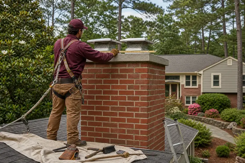 A harnessed mason measuring the crown of a two-flue brick chimney with a stainless steel cap with a folding rule; illustrative image
