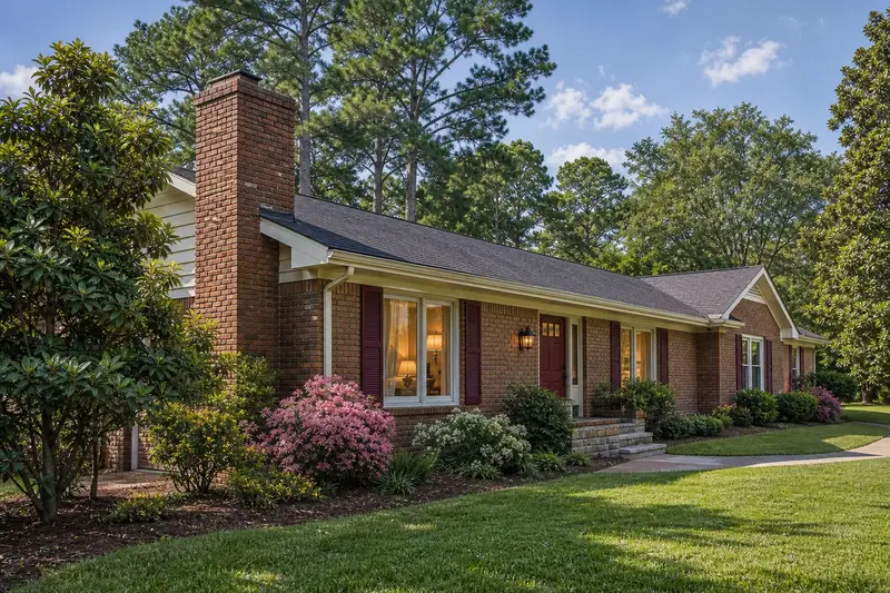 A 1970s brick ranch house with an exterior end brick chimney on a gable roof and warm lamp-lit windows; illustrative image