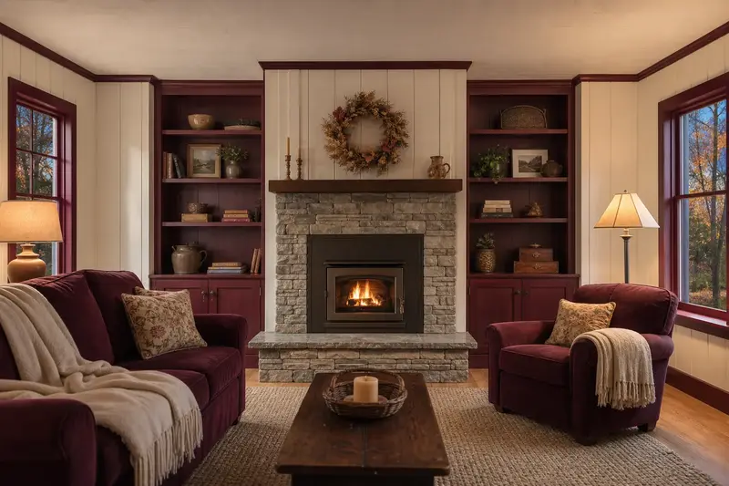 A remodeled hearth wall with a factory-built wood-burning fireplace with a stone facing, a slim wood mantel and built-in shelves; illustrative image