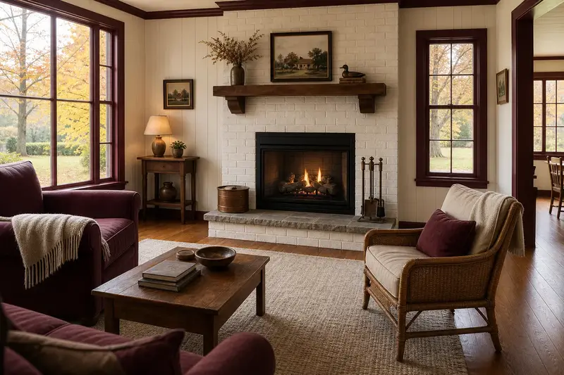 A warm living room with a vented gas log set in a masonry firebox glowing softly behind its glass, no one present; illustrative image