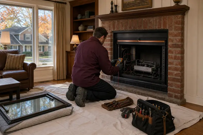 A technician kneeling at a direct-vent gas fireplace with the glass front removed, testing the controls with a multimeter; illustrative image