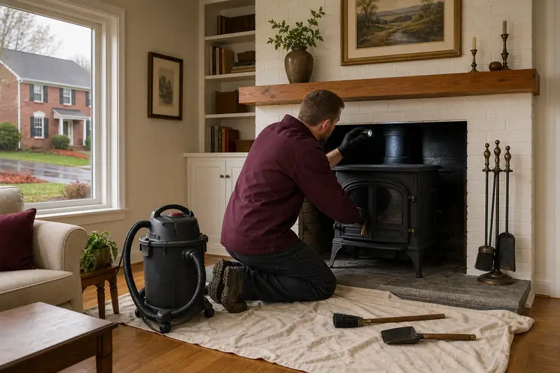 A technician checking the damper of a cast-iron wood stove on a stone hearth pad with a flashlight before the heating season, the fireplace cold; illustrative image