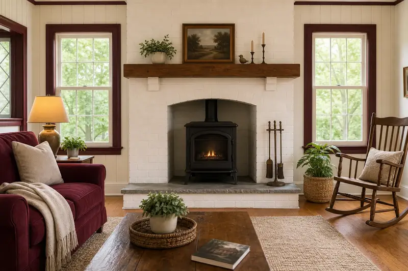 A living room with a freestanding gas stove and a small steady flame behind glass; illustrative image