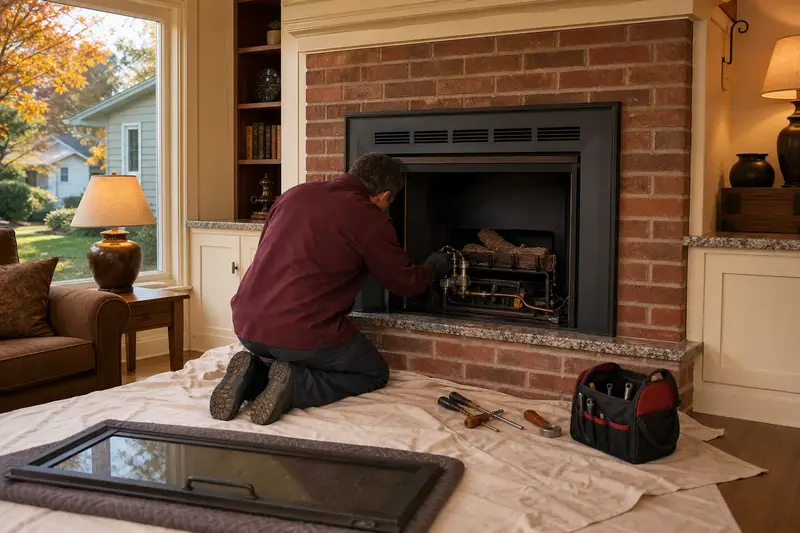 A technician checking the pilot assembly of a gas insert set in a brick opening with the glass front removed; illustrative image