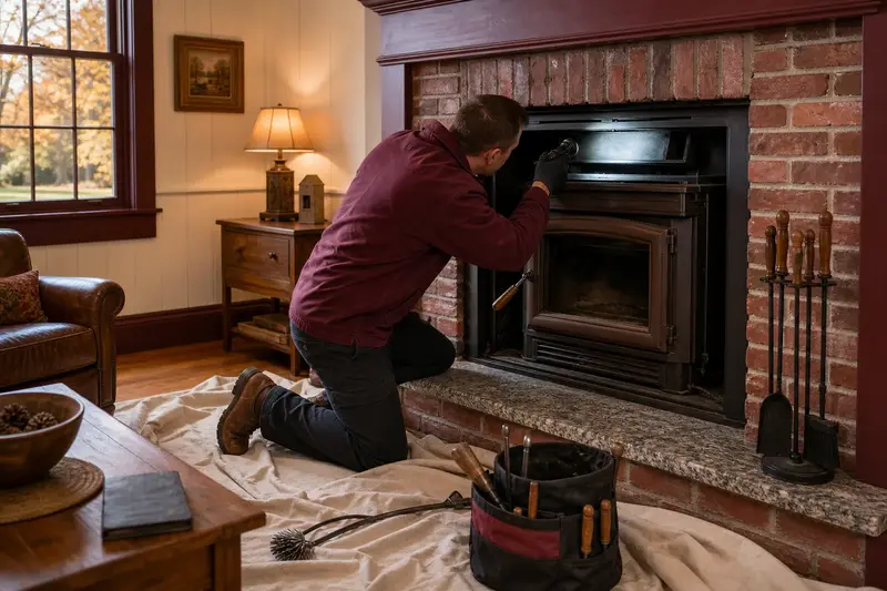 A technician checking the damper of a wood-burning insert in a brick opening with a flashlight, drop cloths on the hearth, the fireplace cold; illustrative image