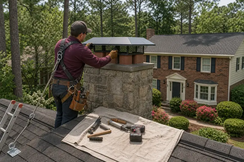 A harnessed technician fastening a multi-flue cap over the crown of a granite stone chimney with a metal cap; illustrative image