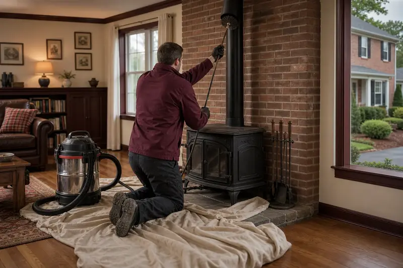 A technician feeding a rotary chimney brush up the flue of a cast-iron wood stove on a stone hearth pad, drop cloths and a sealed vacuum on the hearth; illustrative image