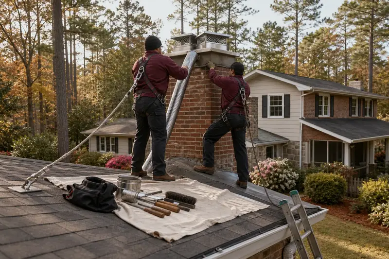 Two harnessed technicians feeding a stainless steel liner into a two-flue brick chimney with a stainless steel cap from a dry roof; illustrative image