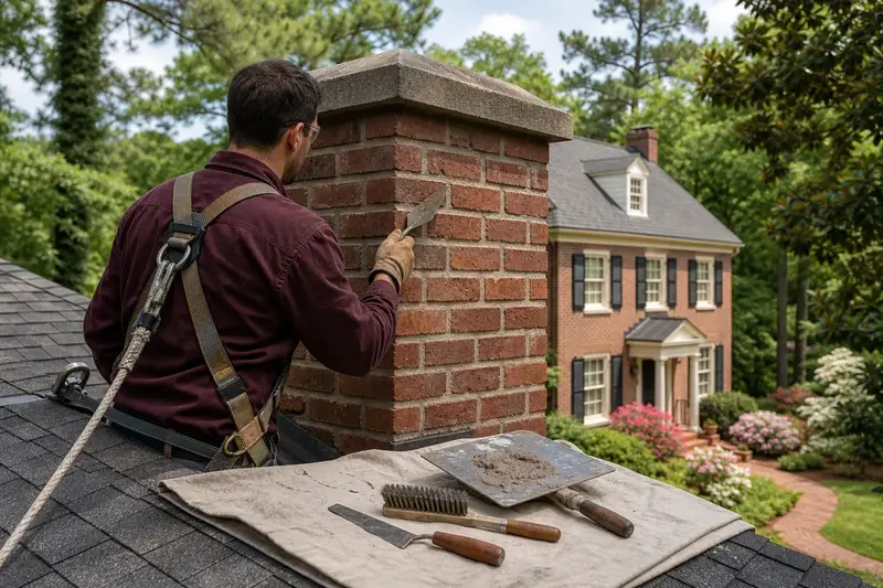 A harnessed mason repointing mortar joints on a red brick chimney with a concrete crown on an asphalt shingle roof with a pointing trowel; illustrative image