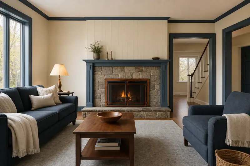 An empty, freshly painted living room with a factory-built wood-burning fireplace with a stone facing awaiting new owners; illustrative image