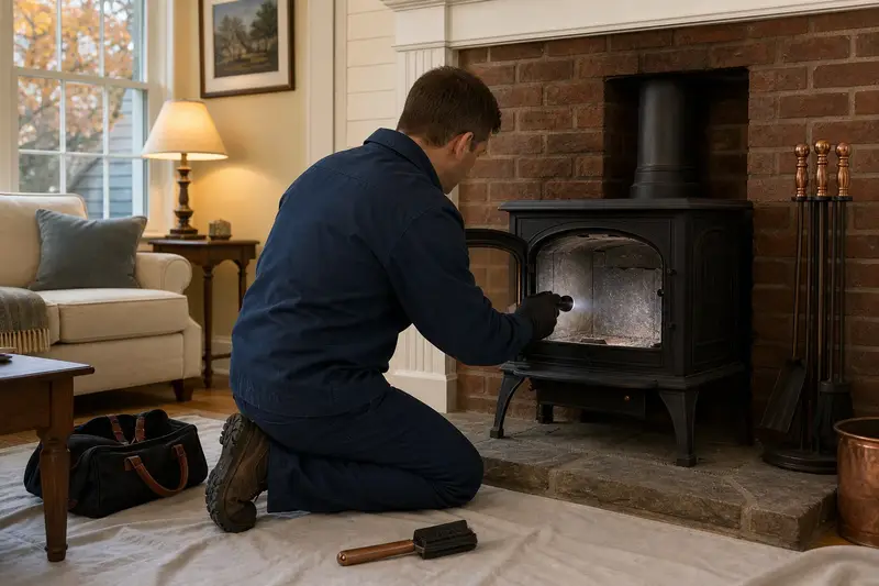 A technician examining the firebox of a cast-iron wood stove on a stone hearth pad by flashlight during a pre-purchase visit, the fireplace cold; illustrative image