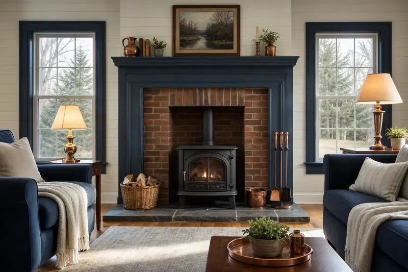A clean hearth room with a cast-iron wood stove on a stone hearth pad and fireplace tools on a stand; illustrative image