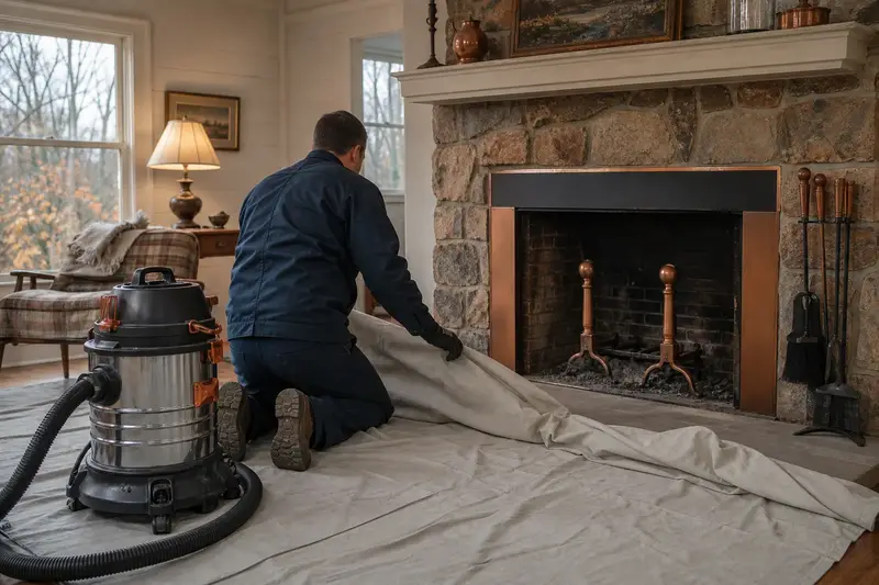A technician setting drop cloths and a sealed vacuum in front of a factory-built wood-burning fireplace with a stone facing before a cleaning; illustrative image