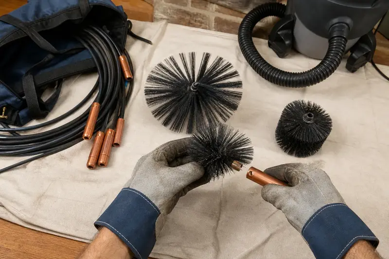 Chimney brushes, flexible rods and a hand vacuum arranged on a canvas drop cloth; illustrative image