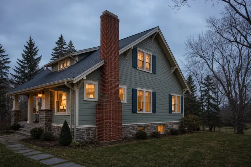 A 1950s Craftsman house with a red brick chimney with a concrete crown and neat mortar joints; illustrative image