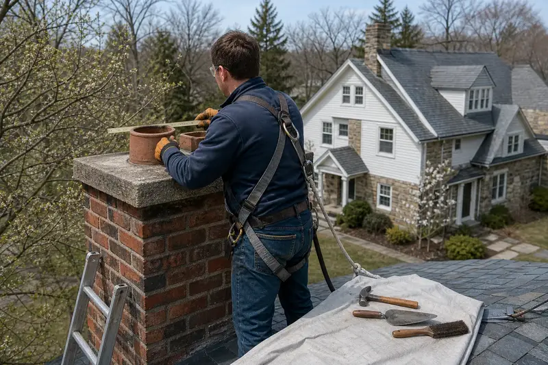 A harnessed mason measuring the crown of a tall brick chimney on a steep gable roof with a folding rule; illustrative image
