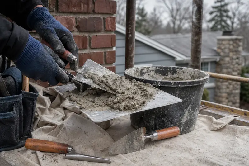 A mortar hawk, trowels and a bucket of mixed mortar set on a roof work platform; illustrative image