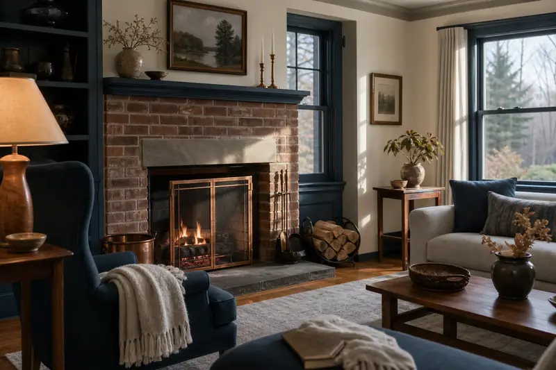 A quiet hearth room with an open masonry wood-burning fireplace and a reading chair; illustrative image