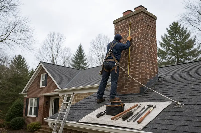 A harnessed technician measuring a tall brick chimney on a steep gable roof on a dry roof; illustrative image