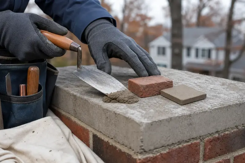 A pointing trowel, a brick sample and a mortar color sample resting on a chimney crown; illustrative image