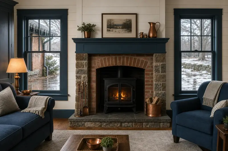 A warm hearth room with a wood-burning insert in a brick opening while snow melts outside the window; illustrative image