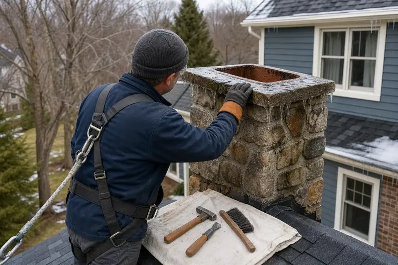 A harnessed mason examining the crown of a stone masonry chimney after a thaw from a dry roof; illustrative image