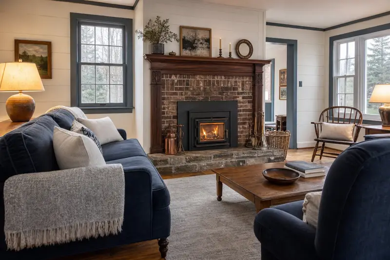 A period hearth room with a wood-burning insert in a brick opening and an original carved wood mantel; illustrative image