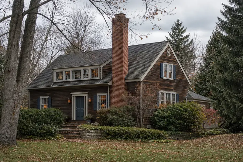 A 1970s cedar-sided contemporary house with a tall brick chimney on a steep gable roof and period details; illustrative image