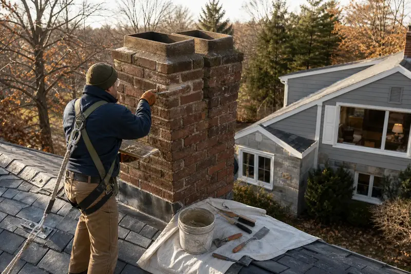 A harnessed mason pointing soft lime mortar into old brick joints on a two-flue brick chimney on a slate roof; illustrative image