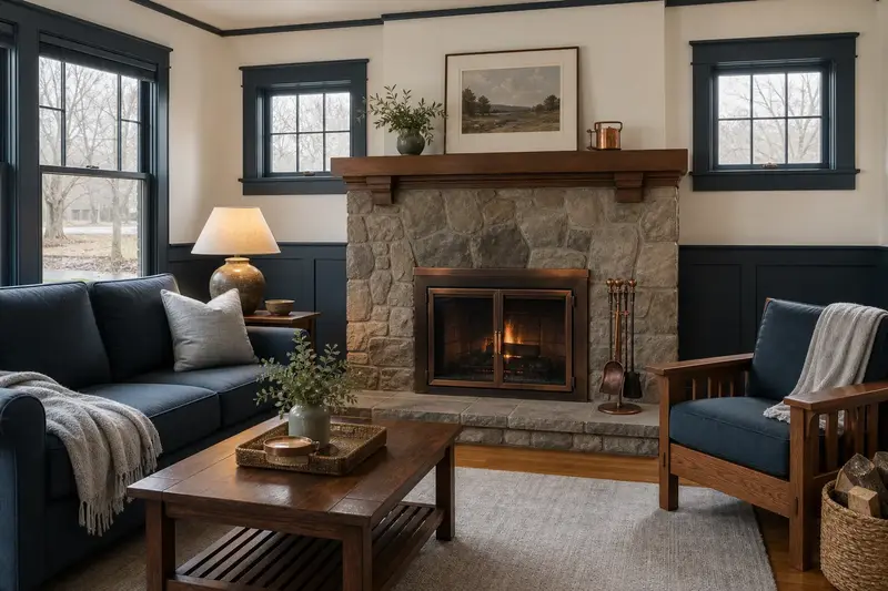 A hearth room with a factory-built wood-burning fireplace with a stone facing, a clear hearth and soft window light; illustrative image